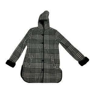 Ike Behar Hooded Houndstooth Coat Black White Fur lining Size Small Fleece